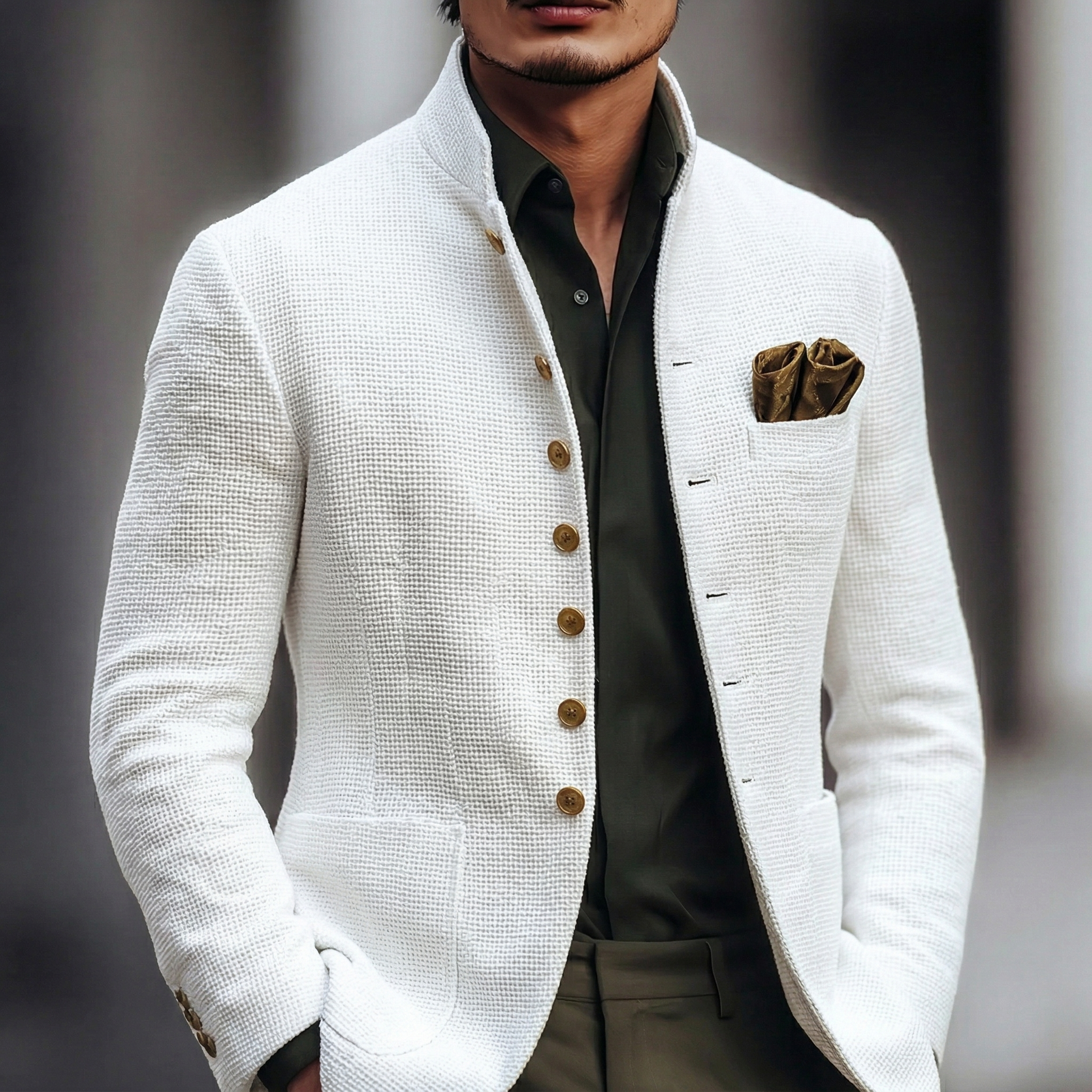 TEXTURED STAND COLLAR JACKET FOR MEN